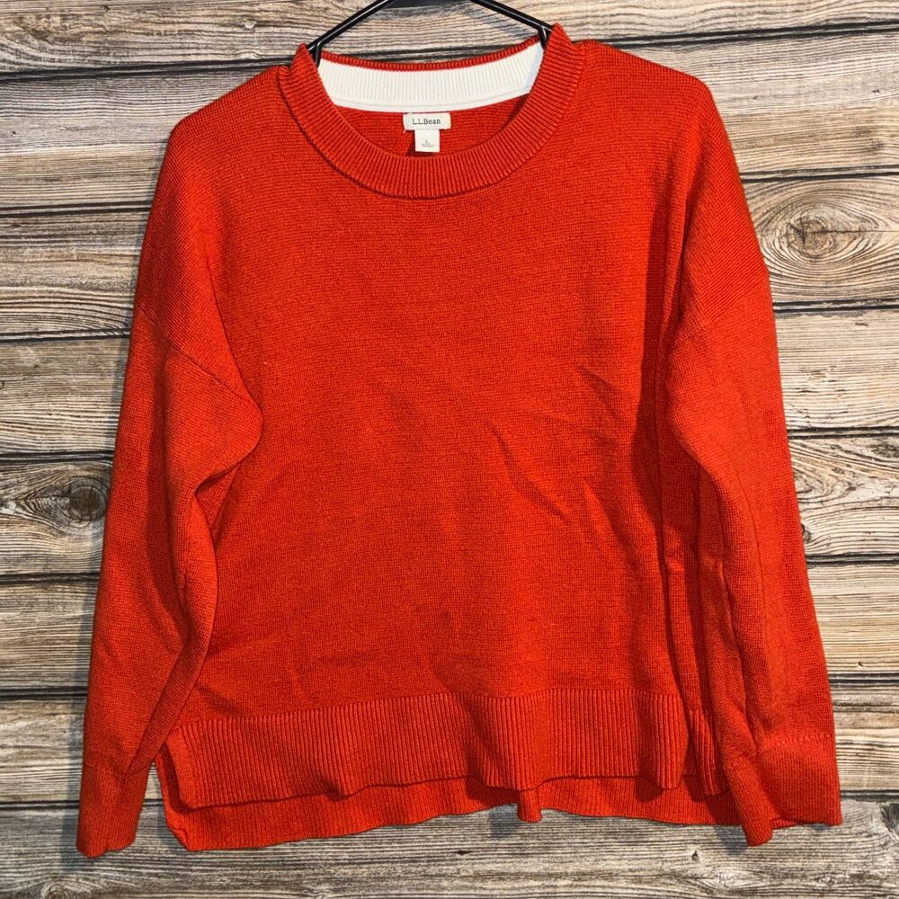 LL Bean Wicked Soft Cotton Cashmere Crewneck Sweater Women L Orange Split Hem